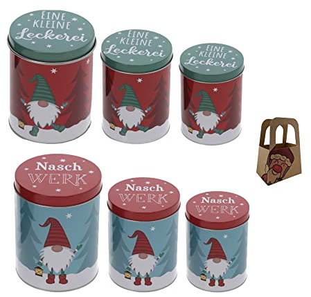 Presentset, kakburk, kakburk, metallburk, set med 6 st, Wichtel, jul med söt ren, minipresentpåse