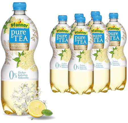Pfanner Tè bianco puro in confezione di scorte – tè bianco biologico preparato direttamente e fiori di sambuco con succo di limone – senza zucchero, zero e naturale senza dolcificante (6 x 1 l)
