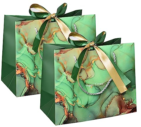 PACK4YA Papier-Geschenktüten mit Schleifenband, Geschenktüte mit Henkel für Geburtstag, Hochzeit, Weihnachtsfeier, Einkaufen, Babyparty 25x12x20 cm (Grüner Marmor, 2 Stück)