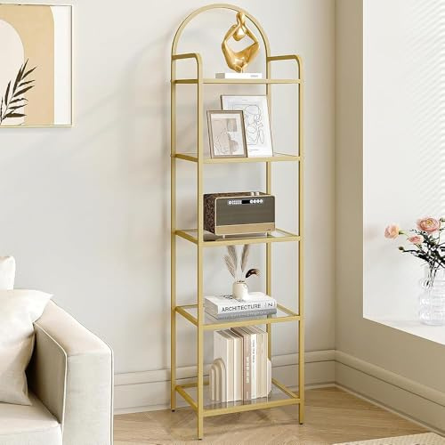 Hzuaneri Bokhylla Bokhylla, Bokhyllor I Härdat Glas, Smal Hylla För Sovrum, Badrum, Hemmakontor, Stålram, 5 Nivåer Guld BC05001G