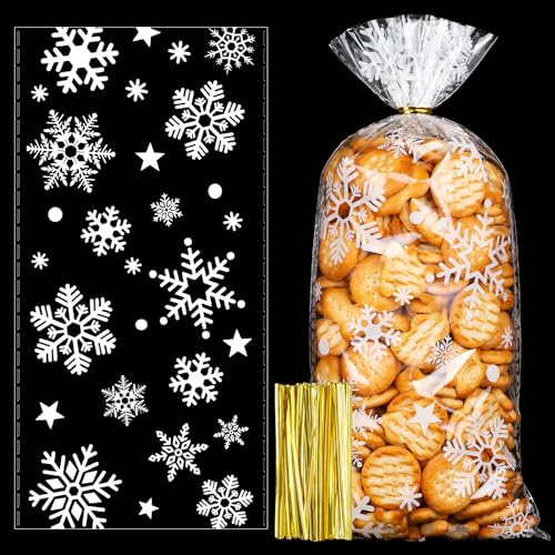 Kiiwah 50 Stück Schneeflocke Weihnachten Plätzchentüten Transparent, Cellophantüten Süßigkeiten Tüten mit Twist Krawatten, Weihnachten Geschenktüten Durchsichtig für Kekse Candy Schokolade