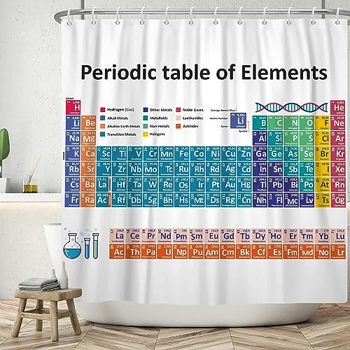 ASDCXZ Cortina de Ducha de Mesa Periódica 90x180 cm, Cortinas de Ducha Lavables Baño Simplicidad Moderna Tabla Periódica Colorida Tela de Cortina de Ducha de Baño Impermeable con 6 Ganchos