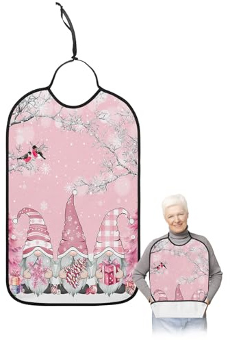 Kewadony Adult Bibs for Elderly Women - Pink Gnomes Christmas Waterproof Dining Clothing Protectors with Crumb Catcher for Eating/Feeding, Xmas Tree Winter Snowflake Terry Cloth Bib Machine Washable