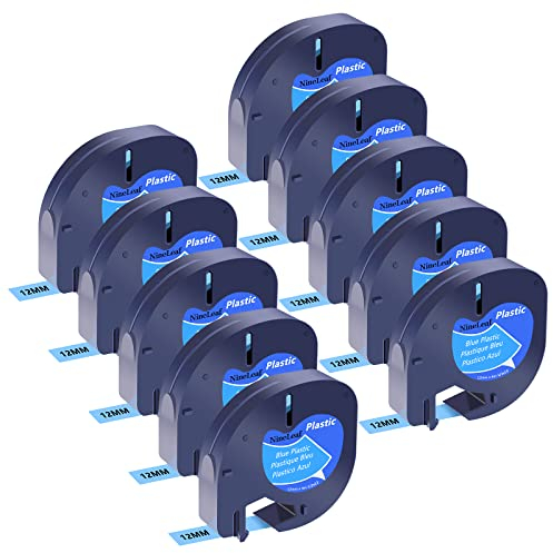 NineLeaf 10 Packung Ersatz für Dymo Letratag 91225 91205 91335 59426 S0721650 12mm x 4m Bänder Schwarz auf Blau Schriftband für LT-100H LT-100T LT-110T Plus QX50 XR XM 2000 Beschriftungsgerät