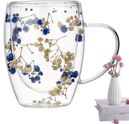 Huasean Dried Flowers Double Walled Glass Coffee Mug,Insulated Glass Coffee Cups with Handle,Flower Glass Tea Cup,Heat Resistant Cappuccino Latte Macchiato Glasses for Mum Wife Her Friend,350ml