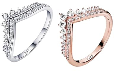 TOFBS 2 Bagues Couronne Chevron S925 Argent Zircon Brillant Empilables Ajustables Élégantes Bijoux Féminins
