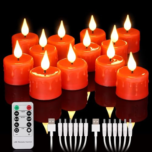 yunsheng 12 velas de té recargables rojas con mando a distancia y temporizador de 4/6 horas, recargables, sin llama, velas LED parpadeantes con 2 cables USB, mecha de silicona 3D, luz blanca cálida
