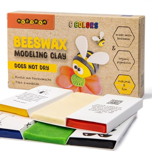 Medenka - Arcilla para modelar con cera de abejas, 100% natural, no tóxica y reutilizable, 6 colores vivos | Arcilla artística suave y ecológica para niños y niños pequeños | Nunca se seca y