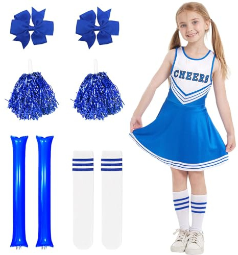 Metaparty Deguisement Pompom Girl Enfant, Costume Cheerleader Enfant Sans Manche avec bâton d'encouragement, Couvre-chefs, Pompoms et Chaussettes pour Halloween, Carnaval et Mascarade (Bleu, 130)