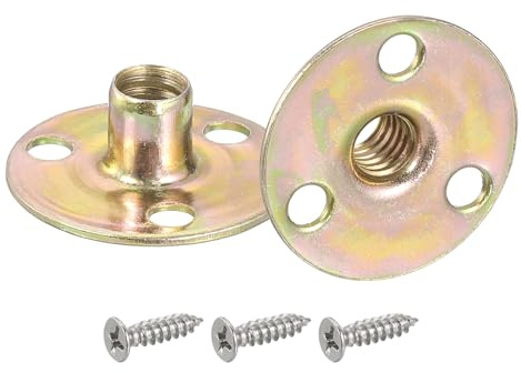 sourcing map Lot de 16 écrous en T à visser en acier au carbone avec base ronde pour meubles, bride filetée femelle avec vis, insert fileté pour bois