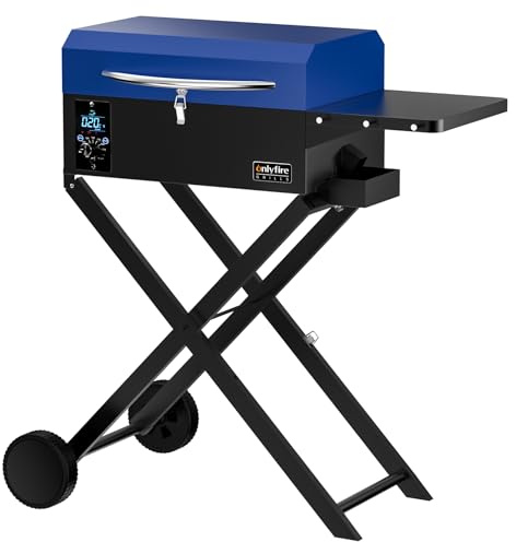 onlyfire Barbecue à Granulés avec Table D'appoint et Chariot, Fumoir Compact en INOX avec Grille de Réchauffage, Barbecue à Pellet de Bois Portable, Bleu