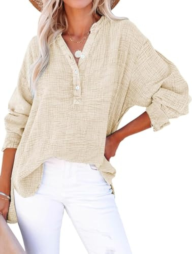 PADOLA Camicia Donna Henley Pullover Blusa a Manica Lunga Estiva Primaverile in Lino e Cotone Scollo a V Moda T-Shirt Casual Elegante(Albicocca,L)