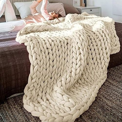 Gestrickte Grobe Strickdecke Wolle Kuscheldecke Grobstrick Wolldecke,Chenille Handgewebte Überwurf Gemütliche Warme Decke für Bett Sofa Stuhl Büro(Beige,200 * 200cm)