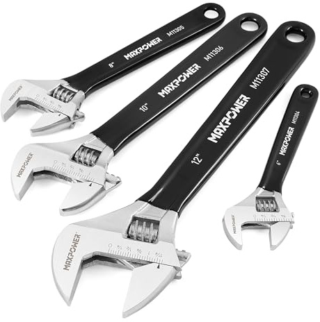 MAXPOWER Adjustable Spanner Set, 4PCs Adjustable Wrenches 150mm, 200mm, 250mm and 300mm, Metric & SAE Scales, Extra-Wide Jaw and Soft Girp Wrench Set