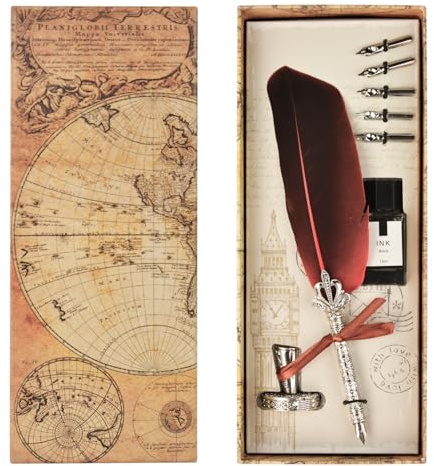 Retro Schreibfeder Set, Kalligraphie Feder Handgemachte Metall Dip Pen, Federkiel Quill Pen Writing Ink Set Mit 5 Federn für Schreibwaren Geschenk (Rot)