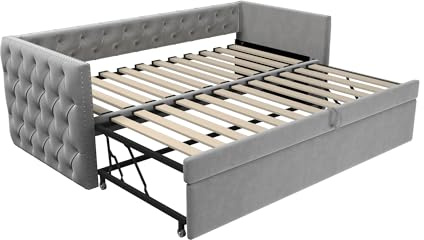 Azkoeesy Sofá Cama Extraíble 90x200 cm, Cama Nido Convertible en Doble 180x200 cm, Polsterbett con Somier de Lamas, Cama Huésped Multifuncional, Terciopelo Suave, Gris Claro (Sin Colchón)