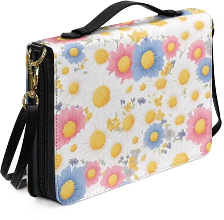 Kuiaobaty Cartoon Daisy Floral Bibel Schutzhülle mit Schultergurt, niedliche weiße Blume Kunstleder Buchhülle christliches Geschenk für Männer Frauen