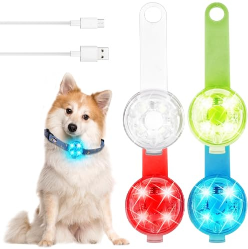 GAOUTO 4 Stück Hundelicht Leuchtanhänger, 4 Modi USB Aufladbar LED Blinklicht Hundelicht, wasserdichte Leuchtanhänger Hund, Sicherheitslicht LED Hundehalsband Lichter für nächtliche Hundespaziergänge