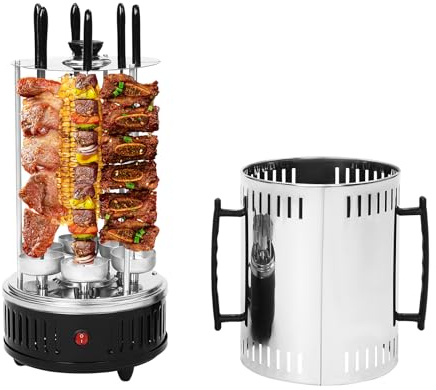 1000W Grill Vertical Gril à Kebab Gril Electrique Température 400-500℃ pour Brochettes,Shawarma,Rôtisserie et Bien D'autres Choses Encore (6 Broches)