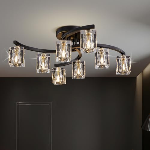JUJUQI Kristall Deckenleuchte Moderne Schwarze und Gold Deckenlampe,8-Lichter Design, K9 Kristall Kronleuchter, Halbbündiger Luxus Deckenleuchte für Schlafzimmer, Wohnzimmer und Esszimmer