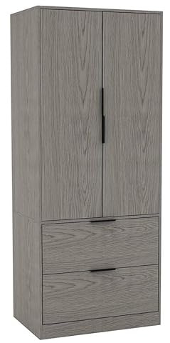 URBNLIVING 2 Door 2 Drawer Minimalist Bedroom Cedar Grey Wardrobe Storage & Hanging Rail Modern Furniture with Clothes Shelf for Home Organiser Unit 179cm H x 74cm W x 50cm D