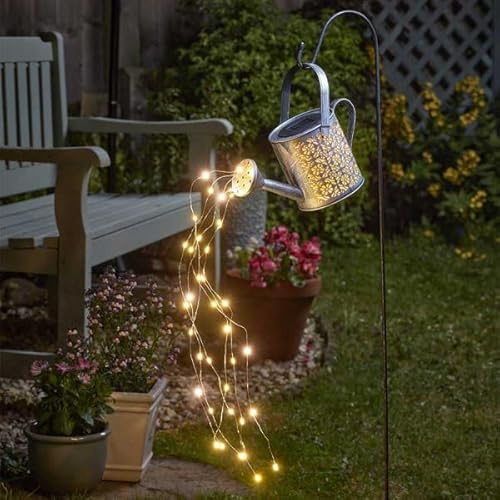 Solar LED Watering Can Damasque with Warm White Stake Lights Trail 92 cm - Silver