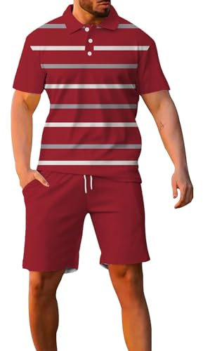 Set mit Shorts für Herren, Sport-Set 2025, elastisch, Sommer, locker, Kreuzfahrtkleidung, Reißverschluss, sportlicher Anzug mit kurzen Ärmeln und Kurzarm-Poloshirt, rot, XXXL