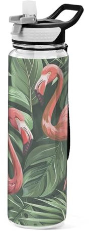 Mnsruu Bouteille d'eau de sport en Tritan sans couture motif flamant rose feuilles de palmier de 1 l avec paille, anti-fuite, sans BPA, pour hommes, femmes, enfants