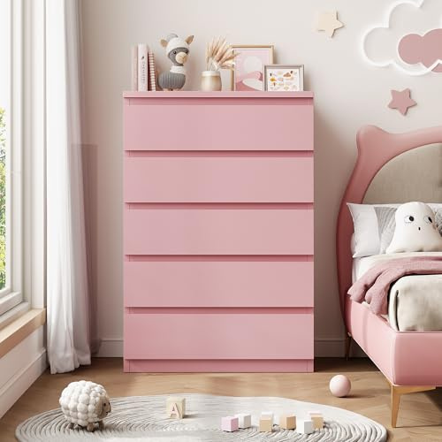 Jocoevol Pink 5 Drawer Dresser for Bedroom, 15 D x 23.7 W x 40.4 H in Simply Chest of Drawers, Wood Storage Dresser with Drawers for Living Room Hallway Entryway, Pink