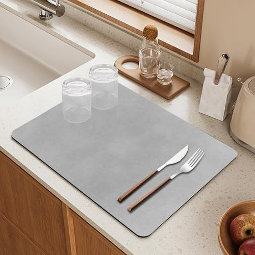 Sueving Dish Drying Mat, 40cm x 30cm Quick Dry Draining Mats, Grey Coffee Machine Mat Counter Protector for Kitchen (Grey, 40cm x 30cm)