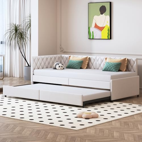DAHUEN Schlafsofa 90/180x200 cm, 2 Sitzer Sofa mit Schlaffunktion, Bett Ausziehbar zum Doppelbett, Tagesbett Ausziehbar, Ausklappbares Sofa, Ausziehbett, schlafcouch, Samt, Ohne Matratze (Beige-C)