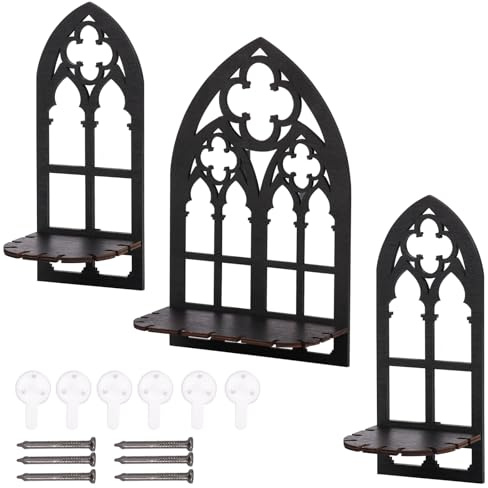 NIHUIFDPY 3Pcs Wooden Crystal Display Shelf Window Shaped Floating Shelves Gothic Crystal Shelf Lightweight Wall Candle Sconces Decorative Wall Candle Holder for Home Decor Black