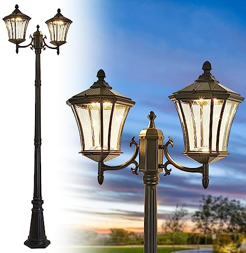 SCNYCUL Outdoor Solar Lamp Post Lights with Dusk to Dawn Sensor, Waterproof 2-Head Large Lantern Street Lights, Modern Solar Column Pole Light Fixtures for Outside, Garden, Driveway, Backyard, Black