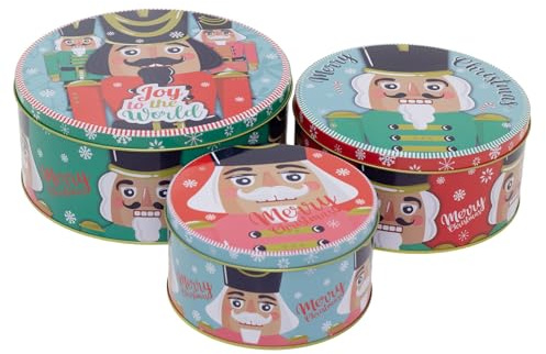 Carousel Home Set of 3 Nutcracker Christmas Storage Tins | Triple Festive Round Nesting Tins | Fairy Cake Biscuit Cookie Muffin Treat Storage Set