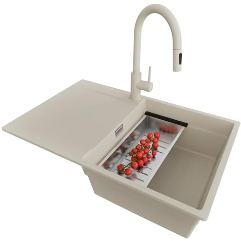 PRIMAGRAN Evier Cuisine en Granit au Meuble 50cm + Robinet, 78x50cm | Set: Robinet BW9010 + Kit de Vidage (Siphon, bonde d’évacuation, trop-plein) + Lavabo 1 Bac - San Francisco, Beige