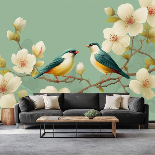 Pettirosso Ad Acquerello Fiori Carta Da Parati 3D Fotomurale 400 x 280 cm Verde Murali, Per Soggiorno Divano Tv Hotel A Tema Corridoio Di Lusso Sfondo Dipinto Murale