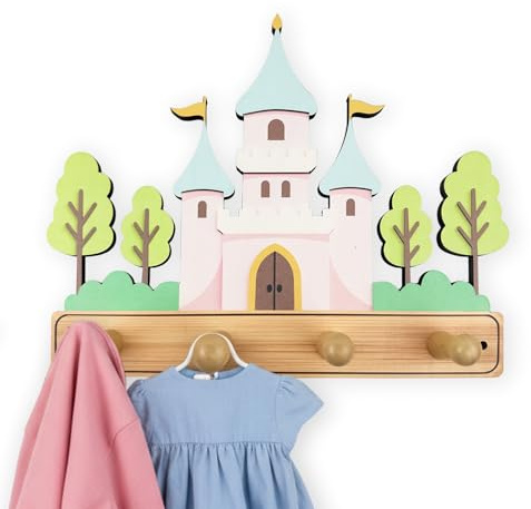 Midrean Wood Cute Castle Kids Coat Rack Wall Mount for Hanging Clothes Robe Towels Backpack Decorative Wall Hooks for Nursery Room Bathroom Entryway Bedroom