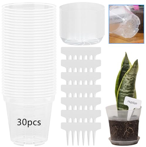 30 Pcs Klare Anzuchttöpfe mit Untersetzer & Etiketten, 10.2cm Pflanztopf Durchsichtig Anzucht Untertopf Orchideentopf Transparent mit Mehrere Ablauflöchern, Anzuchttopf Plastik für Samen Setzlinge