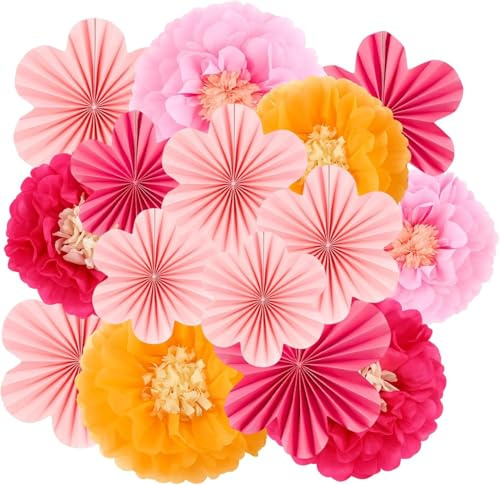 Pompons Deko, 15 Stück Papierblumen für Hochzeiten, Geburtstagsfeiern, Gartenpartys und Tischdekoration, 12 Zoll und 10 Zoll Größe, Rot, Rosa und Orange