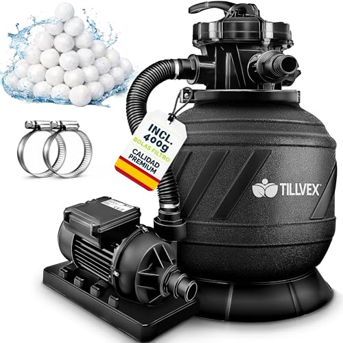 tillvex Pompa Filtro Piscina Portata 7.900L/h + 400g Filtro Balls | 7 funzioni | Adattatore 2in1 Ø32-38mm con indicatore di pressione | Filtro a sabbia per piscine (AquaBlack Pro)