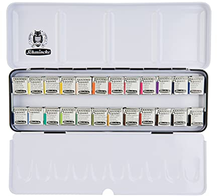 Schmincke – Akademie Aquarell Farbkasten, Vollsortiment 24 x 1/2 Näpfchen, 75 424 097, Metallkasten, hoch lichtechte Farbtöne, feine Künstler-Aquarellfarben