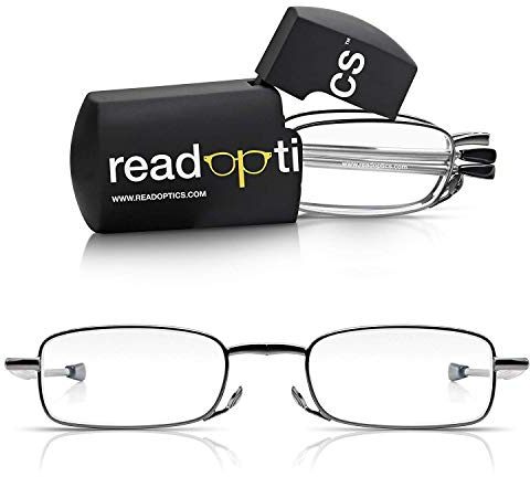 Read Optics Lesebrille klappbar für Herren/Damen. Kompakte leichte Lesehilfe mit 2,5 Dioptrien, mini Hartschalen-Etui inklusive. Rechteckige Gläser mit Vollrand in Gunmetal Grau und Metall-Bügeln