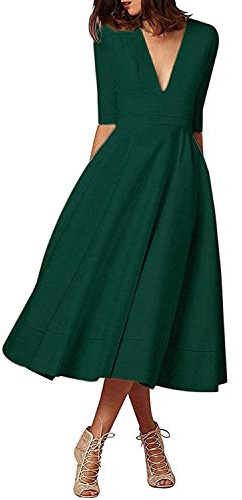 CARINACOCO Donna Vestiti Lunghi da Matrimonio Elegante Collo V Vestito A Pieghe Skater Abito Maxi Damigella Sera Cerimonia Inverno Verde M