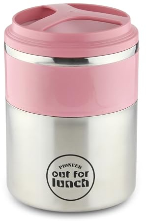 Pioneer Thermo-Speisebehälter 1.5 L Edelstahl Doppelwandig 2-in-1 Isolier Lunch-Box für Suppe/Essen 4 Stunden Heiß 8 Stunden Kühl Extra Breiten Öffnung Auslaufsicher BPA-Frei – Rosa