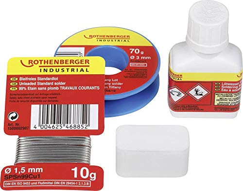 ROTHENBERGER Industrial Bastel-Tiffany Lötset für Glasarbeiten – bleifreies Lot, Flussmittel und Reinigungszubehör nach DIN EN ISO 9453 / EN 29454