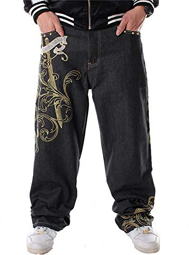 Veroders Herr Baggy Hip Hop svarta jeans - lösa skateboardbyxor raka säckiga skejtare blå jeans för män, 01svart, 56 EU