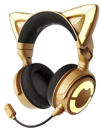 YOWU RGB-Katzenohr-Kopfhörer 4, kabelloses und kabelgebundenes Gaming-Headset mit aufsteckbarem HD-Mikrofon, aktive Geräuschreduzierung, anpassbare Beleuchtung und Effekt über App (Gold)