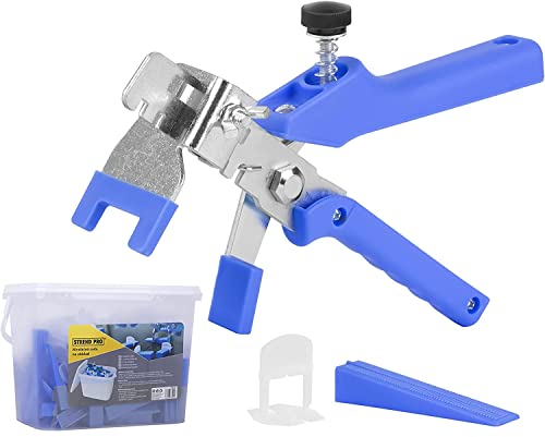 PROREGAL LVL Fliesen Nivelliersystem 1,5 mm inkl. Zange | Fliesen Zubehör | 100 Laschen | 100 Fliesen Keile | Für das einfache Verlegen von Fliesen | Fliesenleger Werkzeug | Fliesen, Fliesenkeile