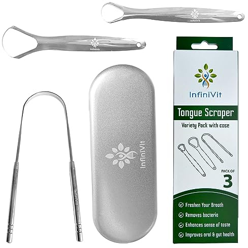InfiniVit - Tongue Scraper Set with Travel Case | 3pcs 100% Stainless Steel Tongue Cleaner for Comprehensive Oral Care Hygiene & Bad Breath Management | Fresh Breath and Plaque Removal