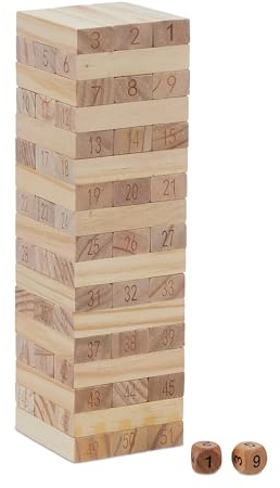 Relaxdays Juego Torre de Madera, 51 Bloques para Apilar con Números, 26x7,5x7,5 cm, Incluye Dados, para Niños, Natural